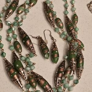 Vintage Czech Glass Necklace & Earrings Aqua Blue & Green 1930's